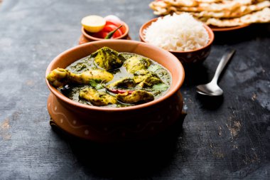 palak/ıspanaklı tavuk veya Murg saagwala naan ve pirinç ile bir kase hizmet