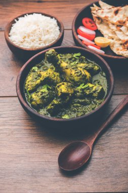 palak/ıspanaklı tavuk veya Murg saagwala naan ve pirinç ile bir kase hizmet