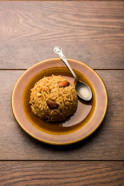 Jaggery Rice Tradicional Gur Wale Chawal Hindi Servido Tazón Con —  Fotos de Stock