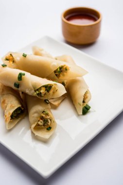 Paneer biber puro herhangi bir parti için ilginç bir başlangıç olan paneer ile doldurulmuş gevrek rulo vardır. domates ketçap ile servis edilir. seçici odaklama