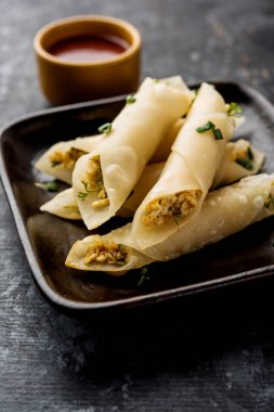 Paneer biber puro herhangi bir parti için ilginç bir başlangıç olan paneer ile doldurulmuş gevrek rulo vardır. domates ketçap ile servis edilir. seçici odaklama