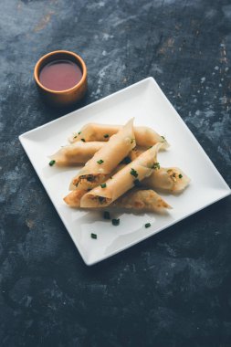 Paneer biber puro herhangi bir parti için ilginç bir başlangıç olan paneer ile doldurulmuş gevrek rulo vardır. domates ketçap ile servis edilir. seçici odaklama