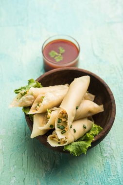 Paneer biber puro herhangi bir parti için ilginç bir başlangıç olan paneer ile doldurulmuş gevrek rulo vardır. domates ketçap ile servis edilir. seçici odaklama