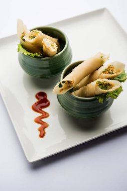 Paneer biber puro herhangi bir parti için ilginç bir başlangıç olan paneer ile doldurulmuş gevrek rulo vardır. domates ketçap ile servis edilir. seçici odaklama