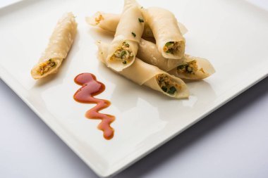 Paneer biber puro herhangi bir parti için ilginç bir başlangıç olan paneer ile doldurulmuş gevrek rulo vardır. domates ketçap ile servis edilir. seçici odaklama