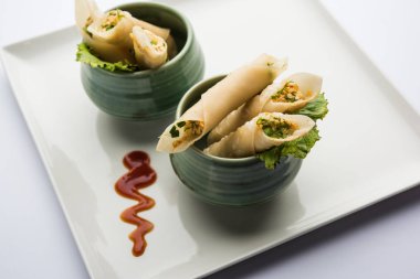 Paneer biber puro herhangi bir parti için ilginç bir başlangıç olan paneer ile doldurulmuş gevrek rulo vardır. domates ketçap ile servis edilir. seçici odaklama