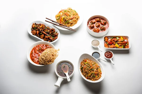 Assorted Indo Chinese Dishes Group Includes Schezwan Szechuan Hakka Noodles — Stock Photo, Image