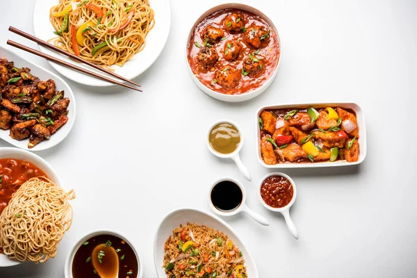 Assorted Indo Chinese Dishes Group Includes Schezwan Szechuan Hakka Noodles — Stock Photo, Image