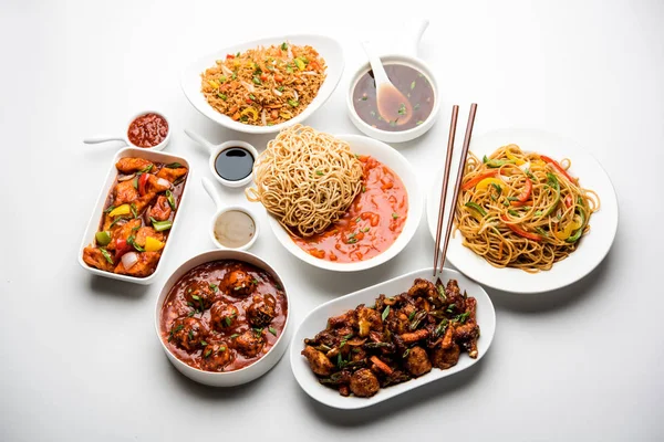 Różne Indo Chińskich Potraw Grupie Obejmuje Schezwan Szechuan Hakka Noodles — Zdjęcie stockowe