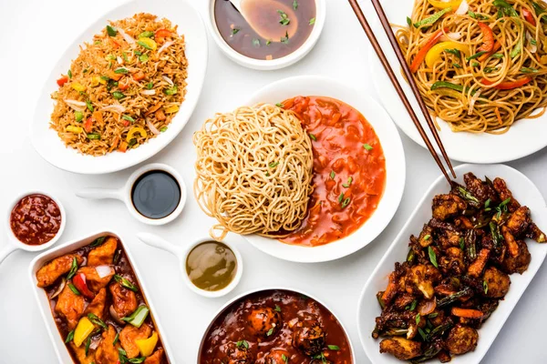 Assorted Indo Chinese Food Group Includes Schezwan Szechuan Hakka Noodles — Stock Photo, Image