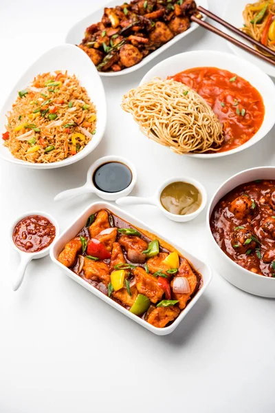 Assortiment Indo Chinese Gerechten Groep Inclusief Schezwan Szechuan Hakka Noedels — Stockfoto