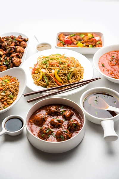 Assorted Indo Chinese Food Group Includes Schezwan Szechuan Hakka Noodles — Stock Photo, Image