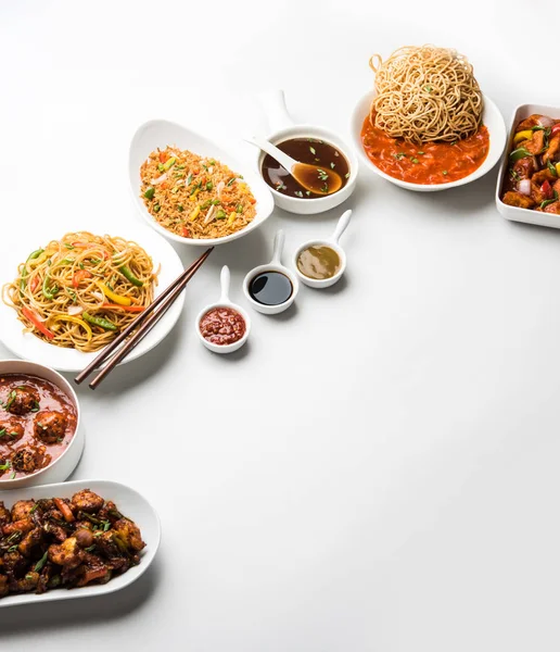 Różne Indo Chinese Food Grupie Obejmuje Schezwan Szechuan Hakka Noodles — Zdjęcie stockowe