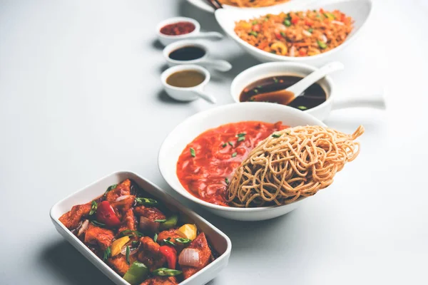 Blandade Indo Kinesisk Mat Grupp Ingår Schezwan Szechuan Hakka Nudlar — Stockfoto