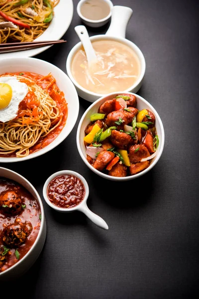 Comida Chinesa Indo Sortidas Grupo Inclui Não Vegetariano Frango Schezwan — Fotografia de Stock