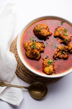 Lauki kofta Curry, bottel gourd veya Doodhi kullanılarak yapılmış, bir kase veya karahi hizmet vermektedir. seçici odak