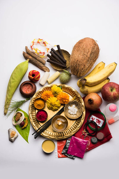 Pooja Material / Puja Sahitya in Hindu Religion from India, arranged in a group. selective focus