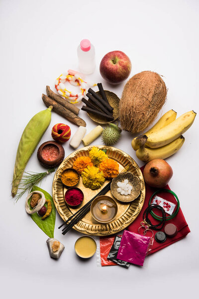 Pooja Material / Puja Sahitya in Hindu Religion from India, arranged in a group. selective focus