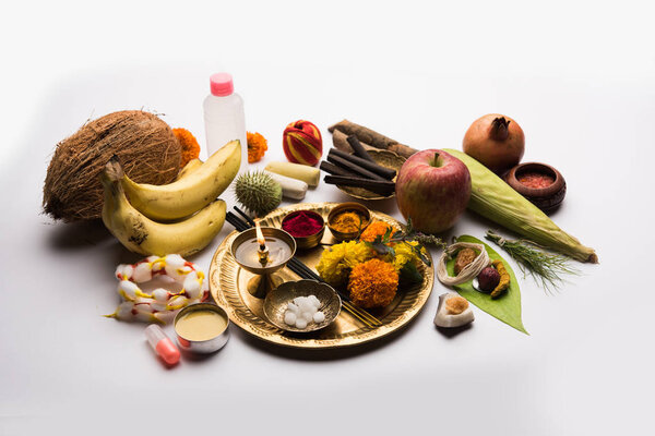 Pooja Material / Puja Sahitya in Hindu Religion from India, arranged in a group. selective focus