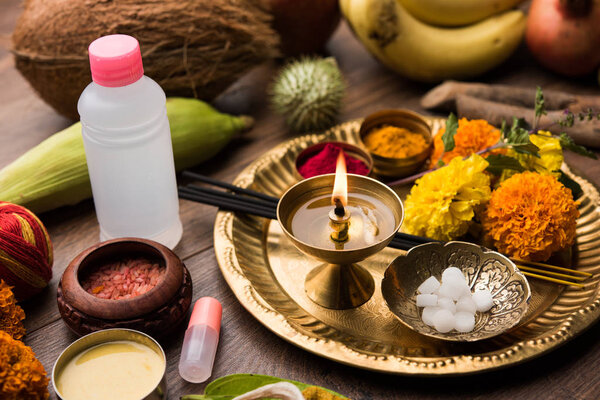 Pooja Material / Puja Sahitya in Hindu Religion from India, arranged in a group. selective focus