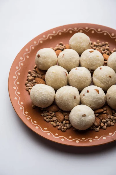 Semolina Rawa Rava Laddu Nebo Laddoo Ladu Laddu Oblíbený Sladký — Stock fotografie