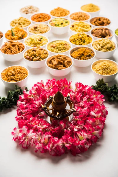 Rangoli Farsan Snacks Bowls Diwali Diya — Stock Photo, Image
