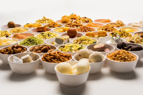 Rangoli Sweets Farsan Snacks Bowls Diwali Diya White Background — Stock Photo, Image