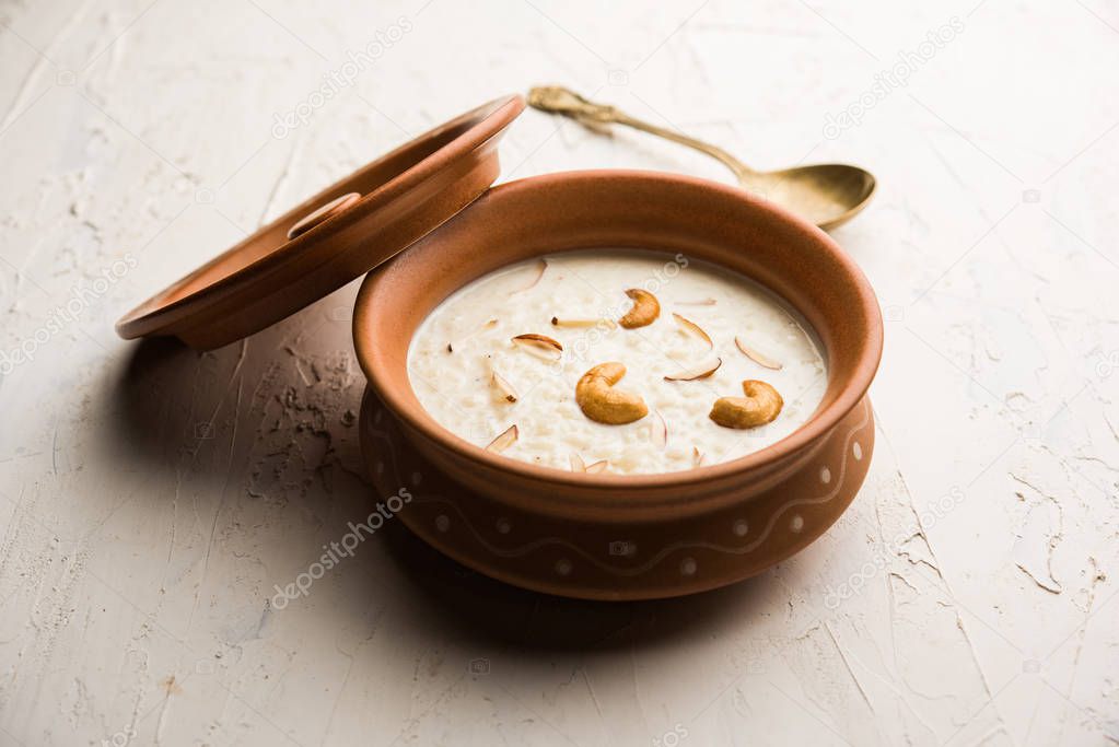 Rice Kheer or Firni or Chawal ki Khir is a pudding from Indian subcontinent, made by boiling milk ,sugar and Rice. Served in a bowl