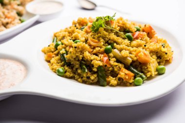 Kırık buğday veya Daliya Upma, bir kase de servis edilir. seçici odaklama