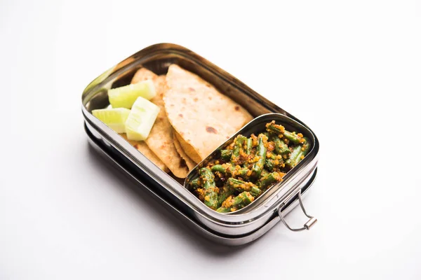 Lunch Box Tiffin Indian Kids Includes Beans Vegetable Sabzi Roti — Stock Photo, Image