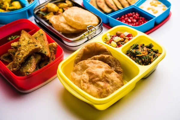 Group Lunch Box Tiffin Indian Kids Showing Variety Multiple Option — Stock Photo, Image