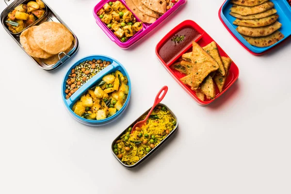 Group Lunch Box Tiffin Indian Kids Showing Variety Multiple Option — Stock Photo, Image