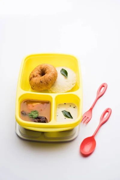 Idly Idli Medu Wada Sambar Lunch Box Tiffin — Stock Photo, Image