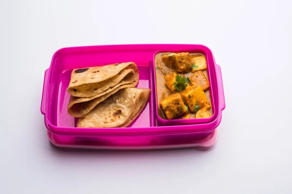 Paneer Butter Masala Roti Lunch Box Tiffin Selective Focus — Stock Photo, Image