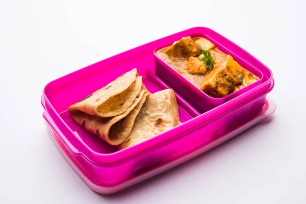 Paneer Butter Masala Roti Lunch Box Tiffin Selective Focus — Stock Photo, Image