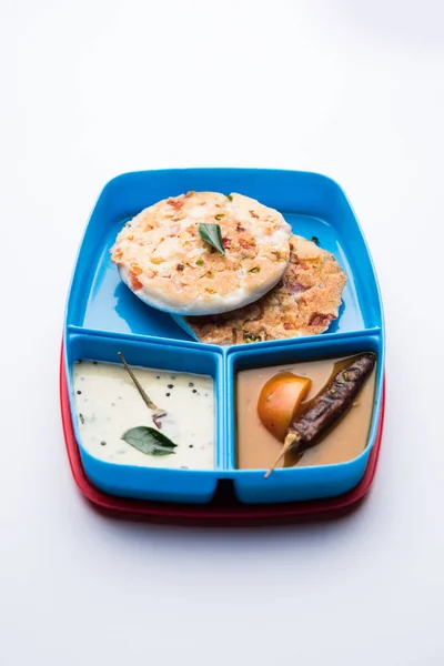 Uttapam Uthappam Sambar Chutney Lunch Box Tiffin — Stock Photo, Image