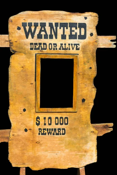 Vintage wooden shield with an inscription about the search and reward, isolated on a black background, copy space