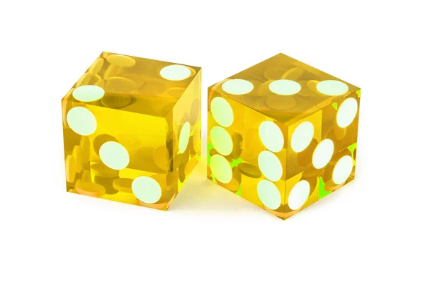 Dvě Žluté Profesionální Hra Kostky Detailní Izolované Bílém Pozadí Dvě — Stock fotografie