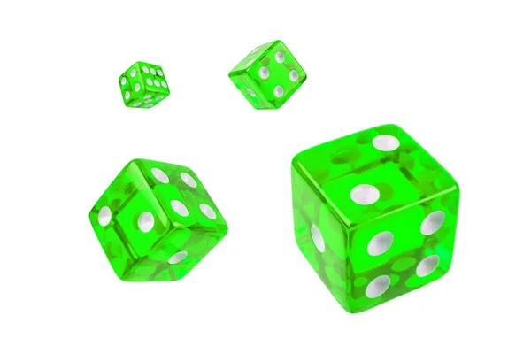 Четыре Зеленых Прозрачных Кубика Изолированных Белом Стеклянные Кубики Летают Воздухе — стоковое фото