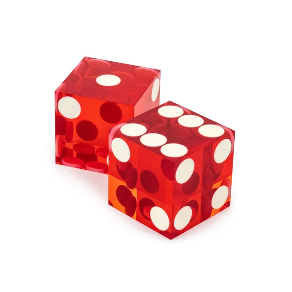 两个红色职业骰子特写 背景是白色的 一个和六个 阴影是浅的 — 图库照片