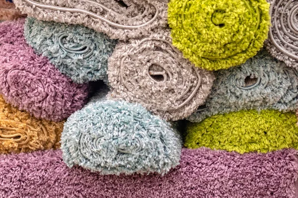 Pile Stacked Multi Colored Fleecy Carpets Selective Focus — Stock Photo, Image