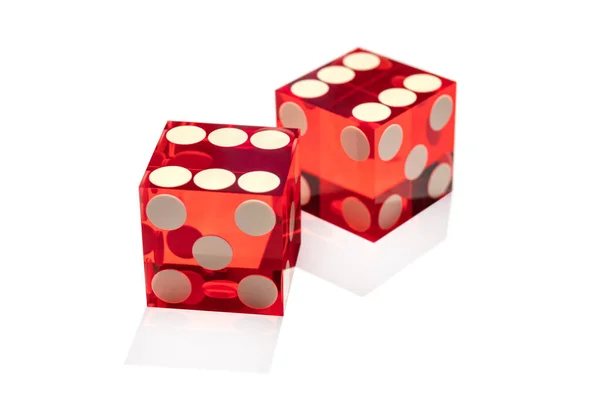 Two Red Perfect Dices Close Isolated White Background Macro Selective — Stock Photo, Image