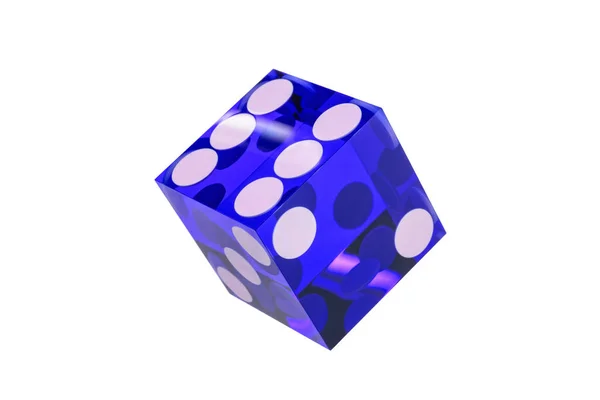 蓝色骰子透明 淡淡的照明弹与白色隔离 刀刃锋利的扑克立方体是在没有阴影的情况下切割的 — 图库照片