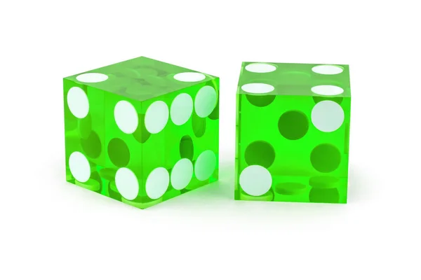 Дві Зелені Професійні Ігрові Кістки Крупним Планом Ізольовані Білому Тлі — стокове фото