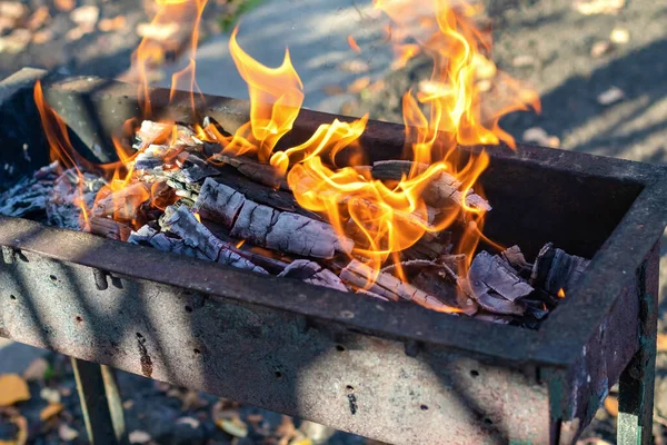 Přenosný Kovový Gril Hořícím Dřevem Červeným Ohněm Grilování Ulici Oheň — Stock fotografie