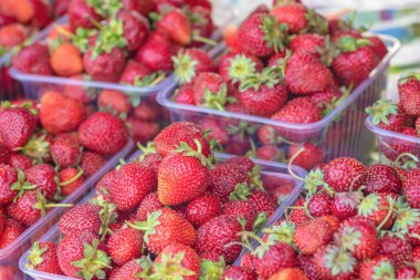 Marketteki plastik kaplarda olgun çilekler. Kapatın.