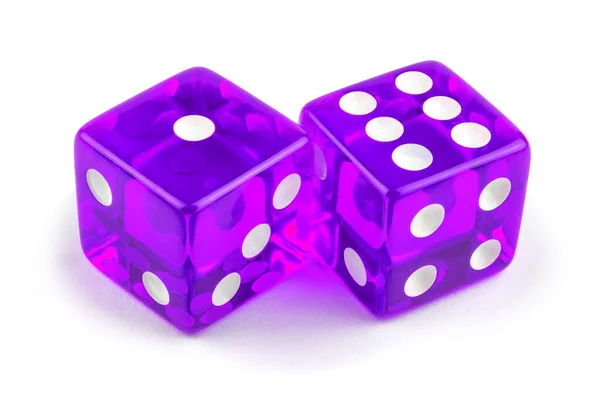 两个紫色玻璃骰子隔离在白色背景上 一和六 — 图库照片