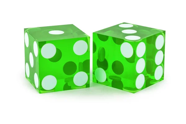 Δύο Πράσινο Επαγγελματικό Παιχνίδι Ζάρια Closeup Απομονώνονται Λευκό Φόντο Ένα — Φωτογραφία Αρχείου