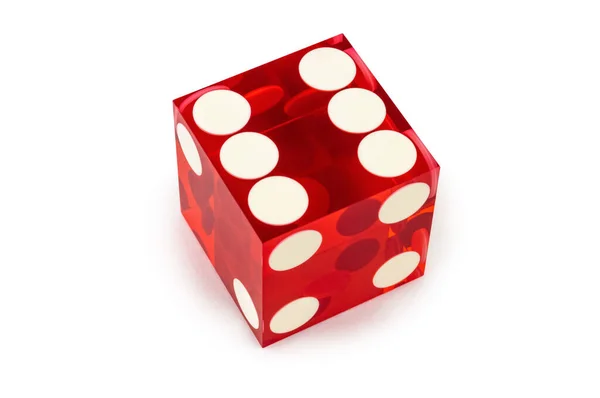 特写红色扑克骰子 白色背景 结果为6 顶部为浅色阴影 — 图库照片