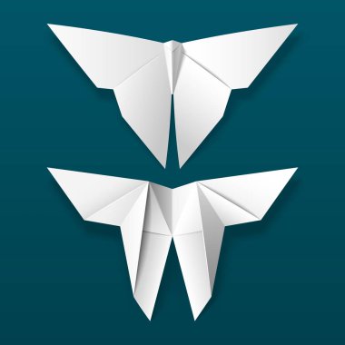 Origami Kelebek. Beyaz el yapımı kelebek. Geleneksel Japon sanatı katlama kağıt şekilleri ve düzenine göre modelleri. Eps10 vektör illüstrasyon izole koyu arka plan üzerinde.
